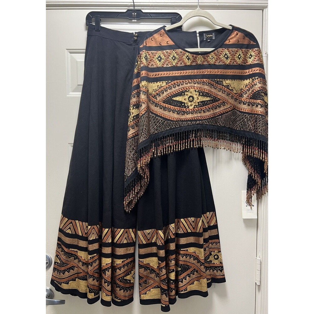 SINDASHI Hand-Painted Beaded Fringe Poncho & Wide Leg Pants M Set Boho Luxe NWT